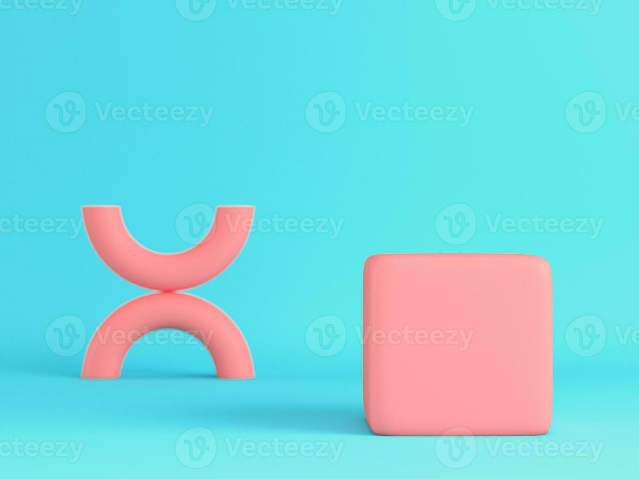 Abstract pink geometrical shapes for display product on bright blue background in pastel colors. Minimalism concept photo