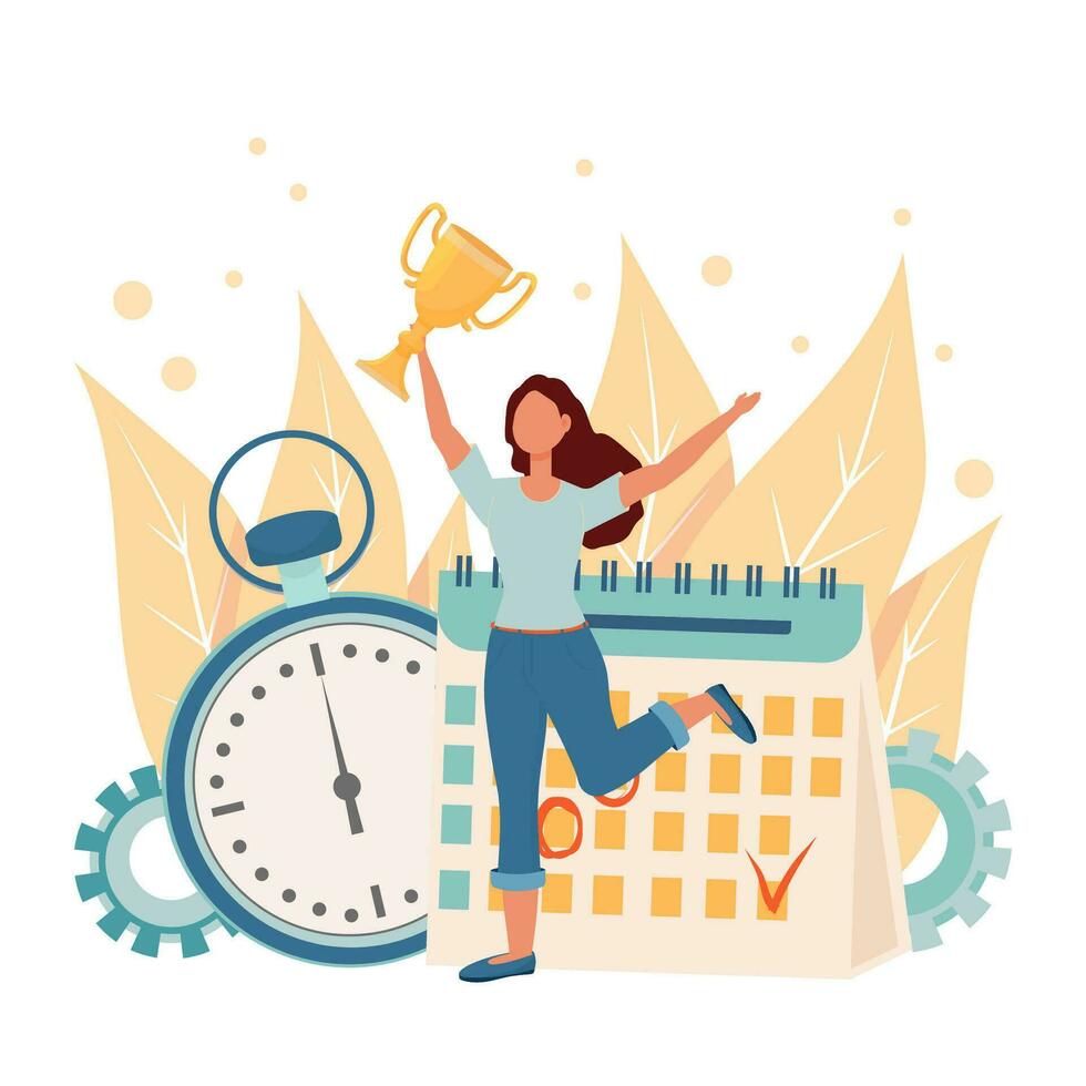 Happy woman jumping, holding golden cup near schedule and stopwatch stock vector illustration. Time management, personal productivity, successful woman concept in glat design isolated composition