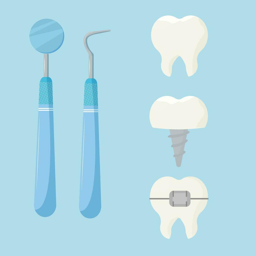 Set of stomatology, dental tools and teeths isolated stock vector illustration. Tooth implant, with braces, white. Healthcare, equipment