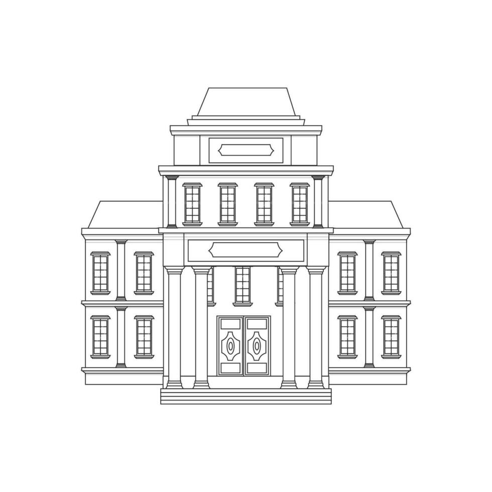 Building of museum in vector design. Graphic architecture, public place, history. Decorated with colonnade. Ancient palace. Geometrical Illustration.