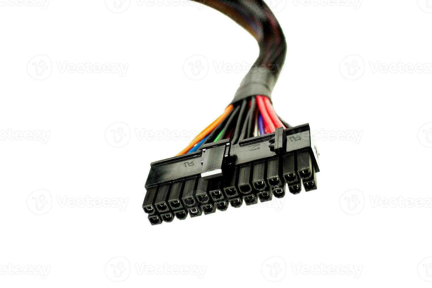 PSU cable. 20 and 4 pin plug for connecting the computer motherboard to the power supply white background photo