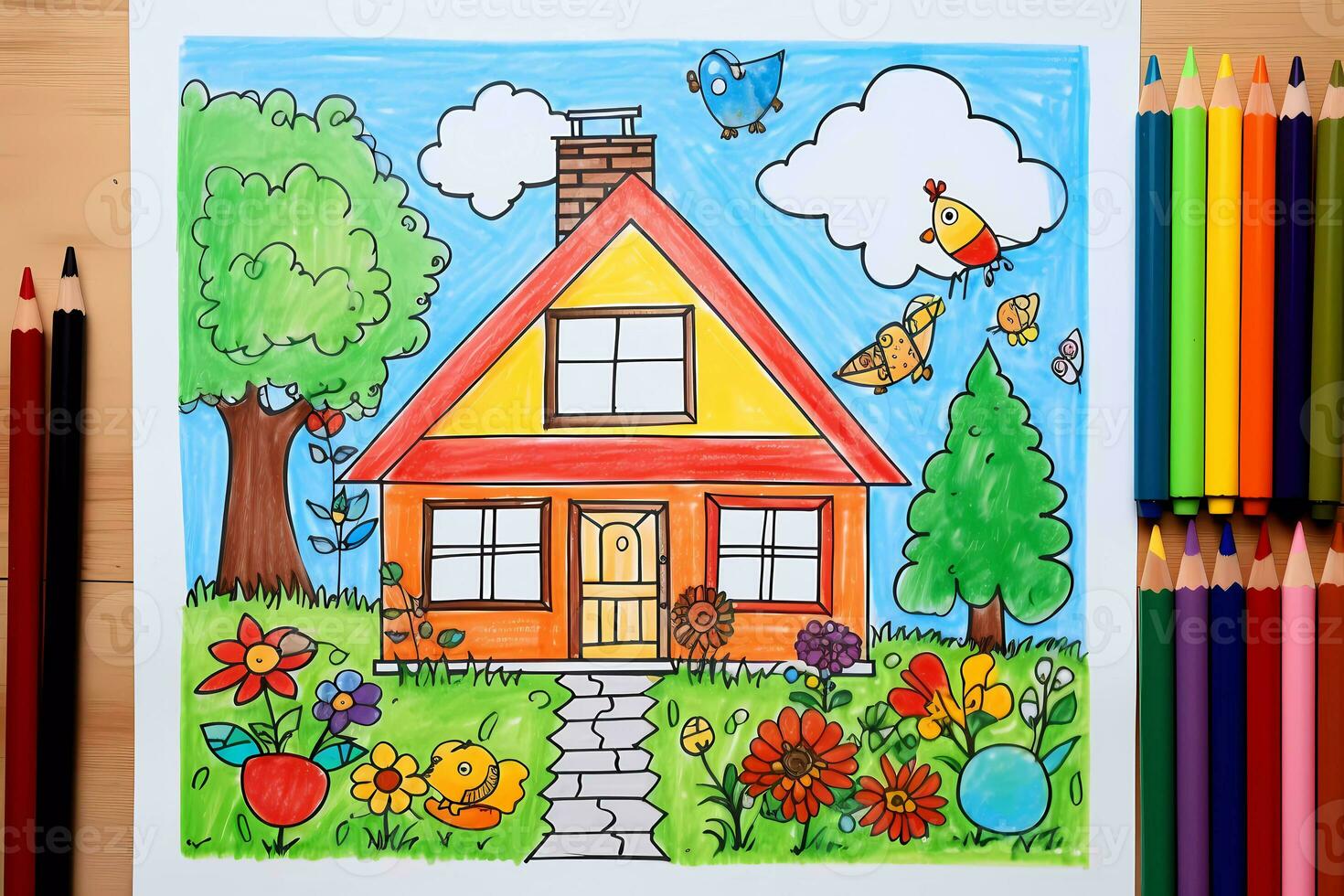 AI Generative hands drawing family and house with coloured pencils. Creative activity for children. child drawing. photo