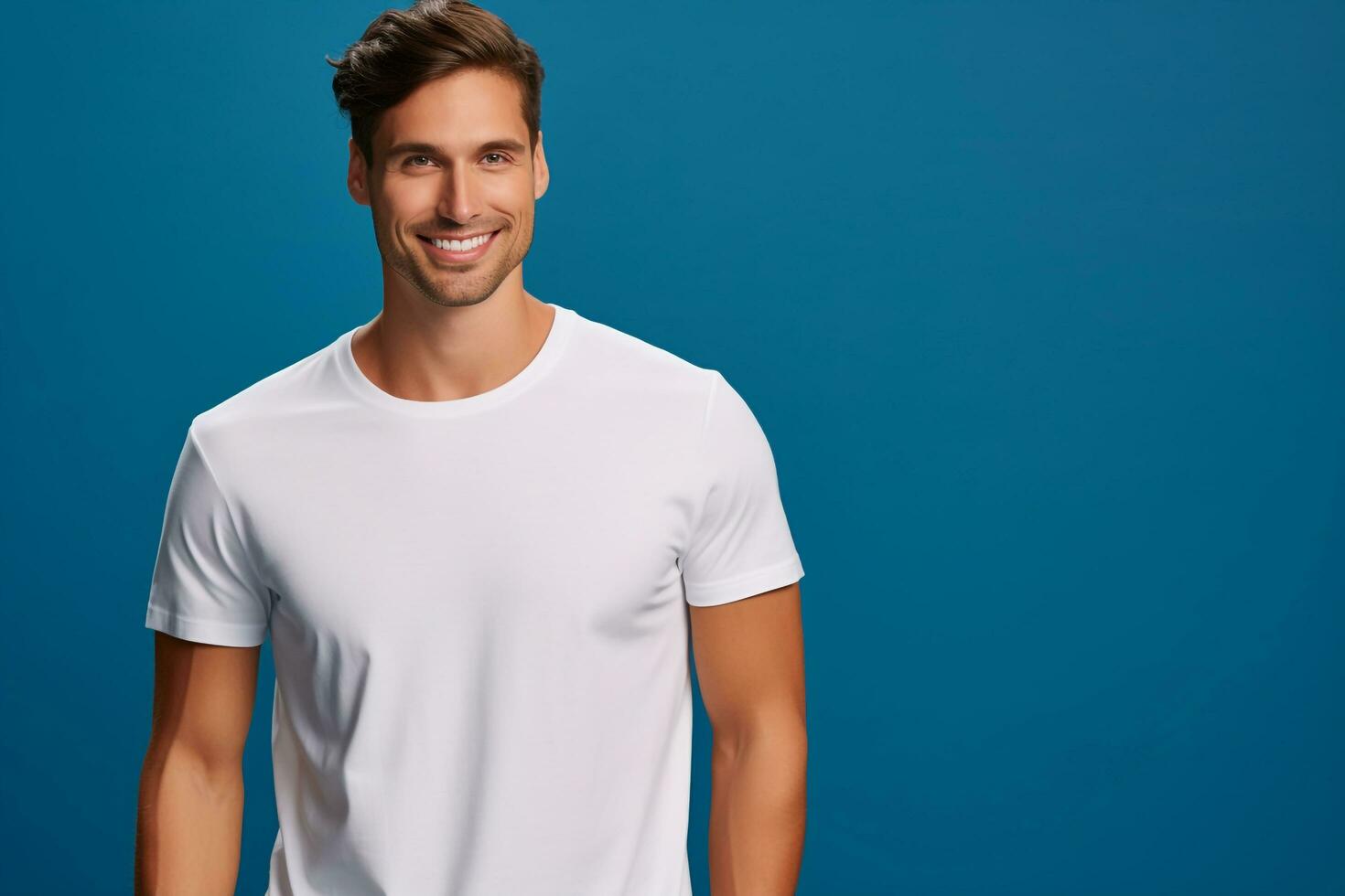 mockup of a basic white t shirt on a male model clean, blue background, AI Generated photo