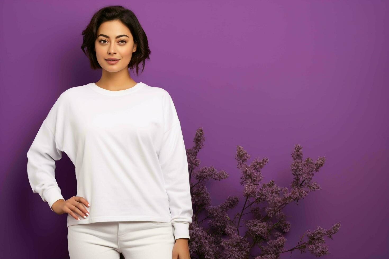 hermosa joven mujer soportes en frente de un vibrante púrpura fondo, su blanco camisa de entrenamiento Bosquejo, ai generado foto