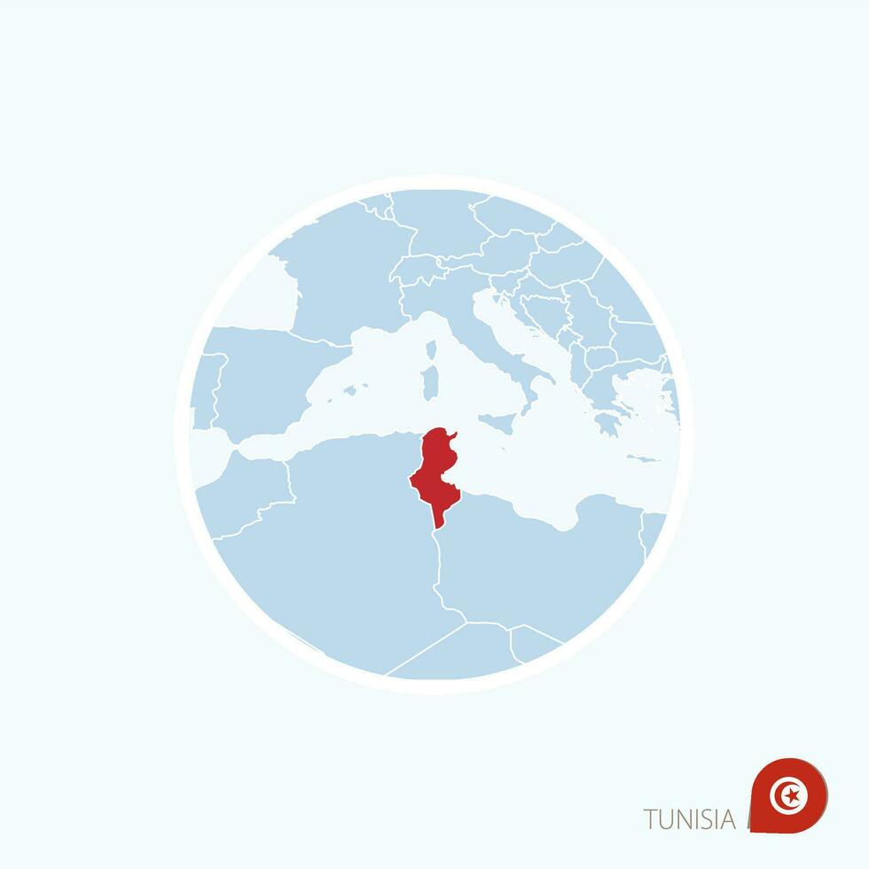 Map icon of Tunisia. Blue map of Europe with highlighted Tunisia in red color. vector