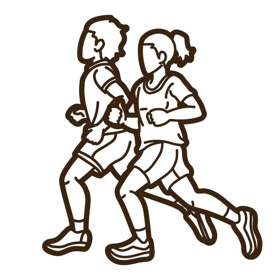 Outline Boy and Girl Start Running Graphic Vector