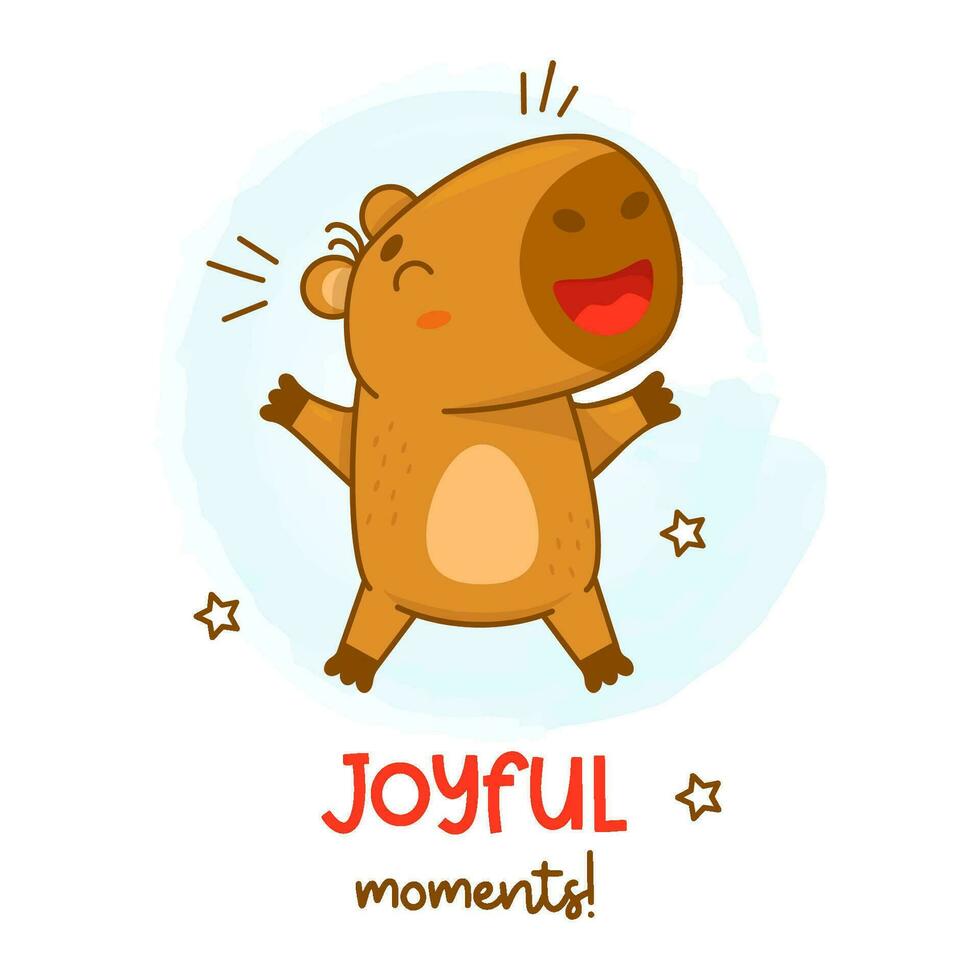 Joyful happy capybara. Vector illustration. Cool card with funny animal character rodent for cards, design, print, cute kids collection.