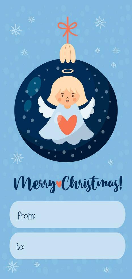 Merry Christmas gift card tag. Christmas ball with cute angel girl. Xmas vertical postcard. Vector illustration. Cute new year kids collection.