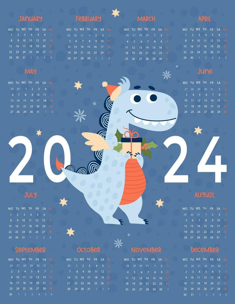 2024 annual calendar. Cute dragon with Christmas gift on blue background. Vector vertical template 12 months in English. Week on Monday. 2024 year dragon according to eastern calendar. Stationery.