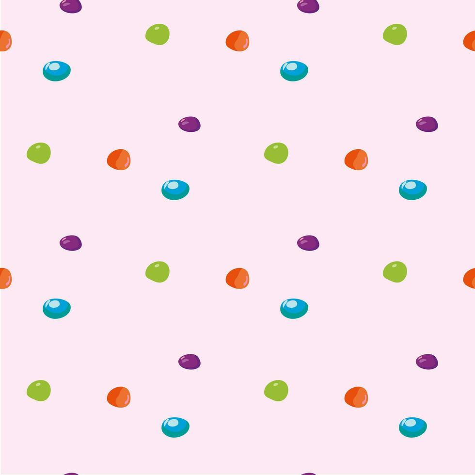 Seamless pattern with chocolate dragee candies in multicolored sugar icing. Childrens background with sweets. Template for fabric, wallpaper, wrapping paper. Vector illustration.