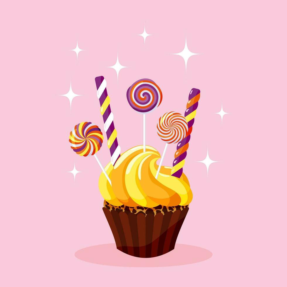 Cute delicious chocolate cupcake with lemon cream, candies on a pink background. Cartoon sweet pastries with cream. Background with food for menu, card, invitation, holiday. Vector illustration.