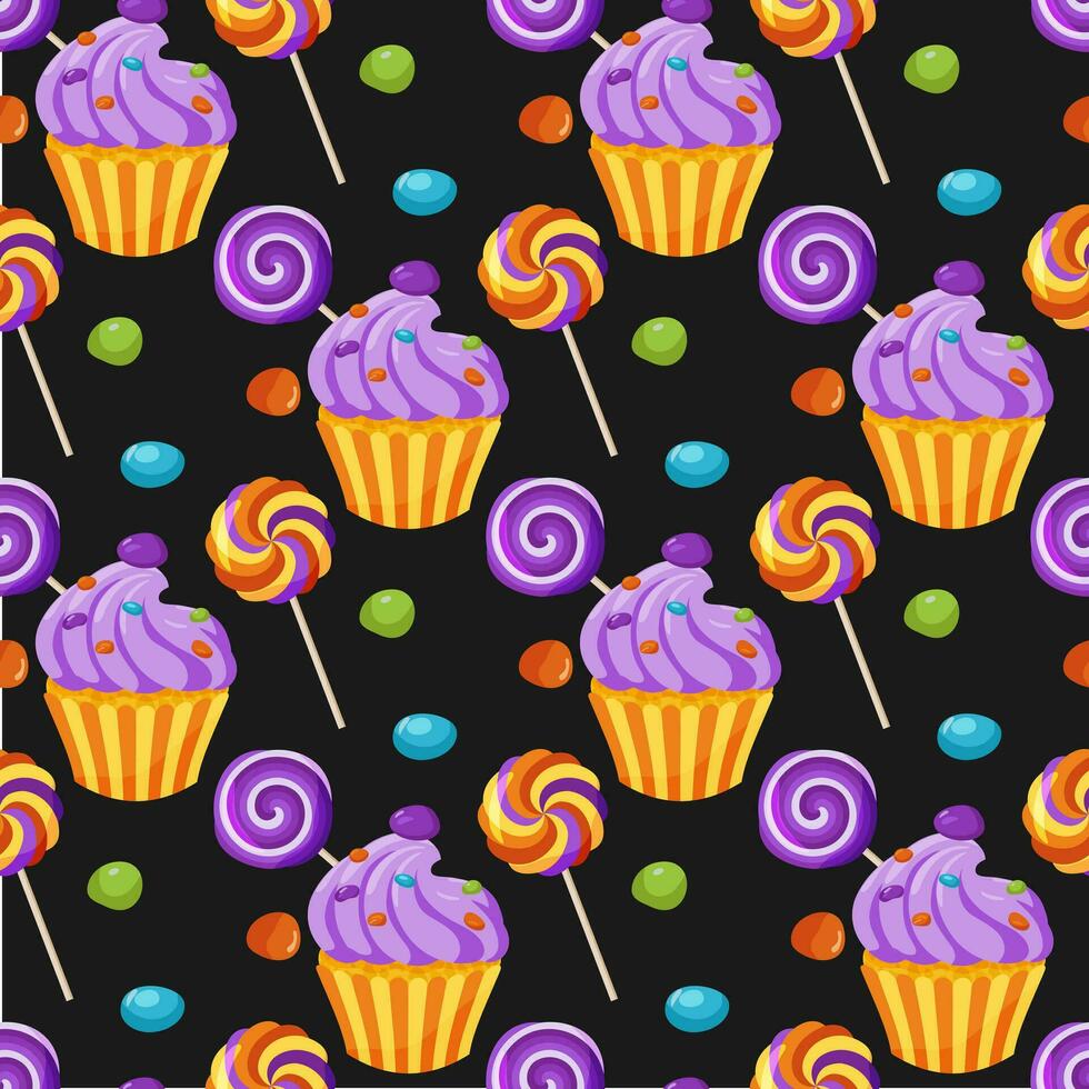 Seamless pattern with colorful sweets and cupcakes on a black background. Background with sweet food. Decor for Halloween celebration. For wallpaper, gift paper, fabric, holiday decoration. Vector. vector