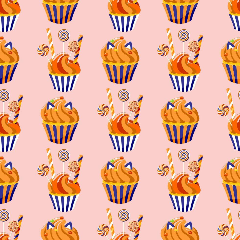 Romantic cupcakes in striped cups with candies on a stick on a pink background. Cute cartoon baked goods. Seamless pattern with sweets and confectionery. vector
