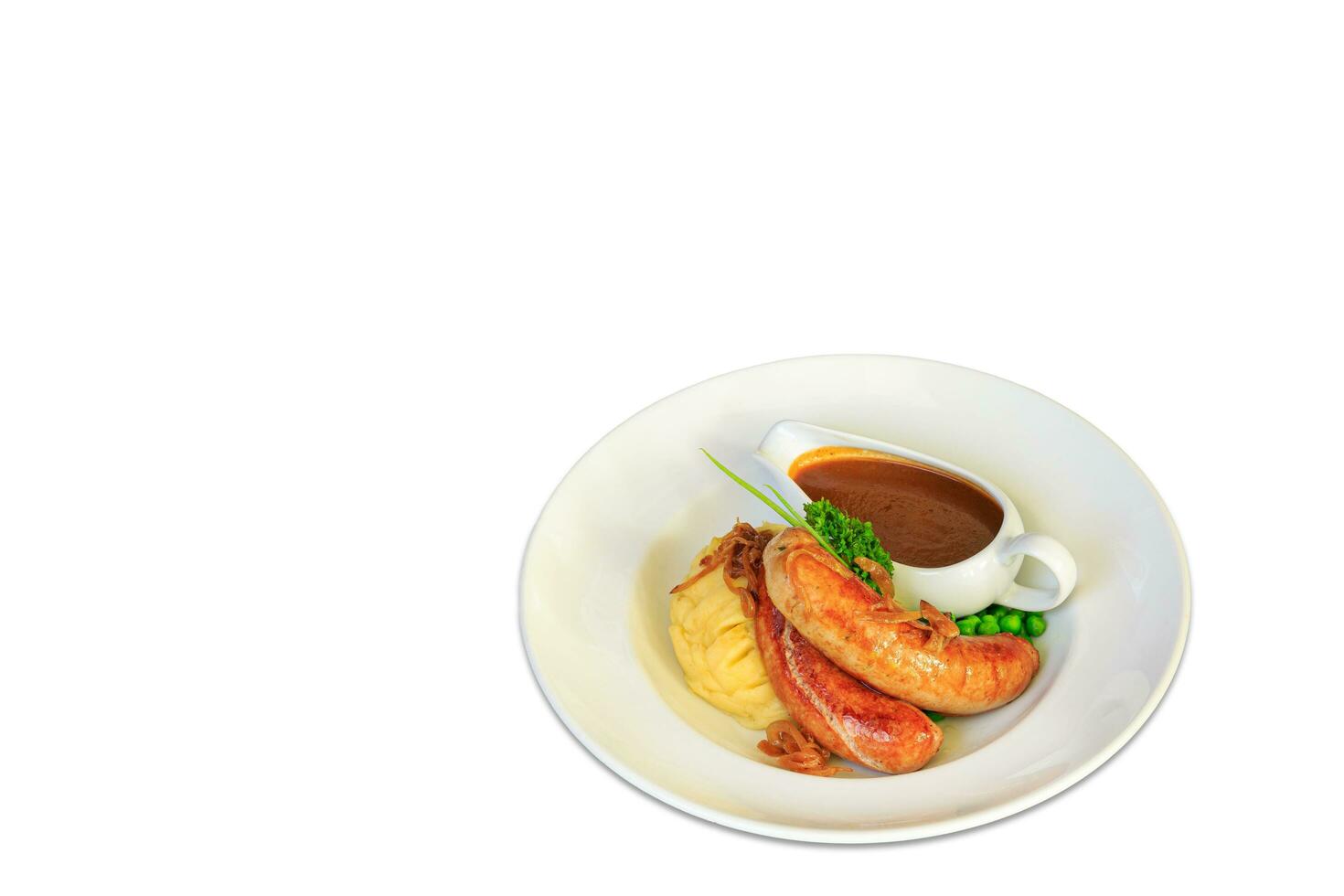 ried meat sausages with mashed potatoes and vegetables salad with Herbs and Gravy in a plate. photo