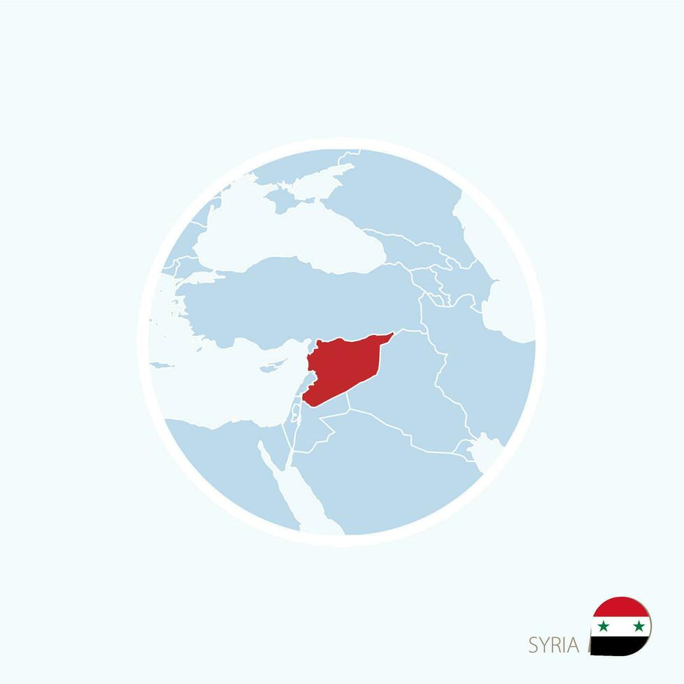 Map icon of Syria. Blue map of Middle East with highlighted Syria in red color. vector