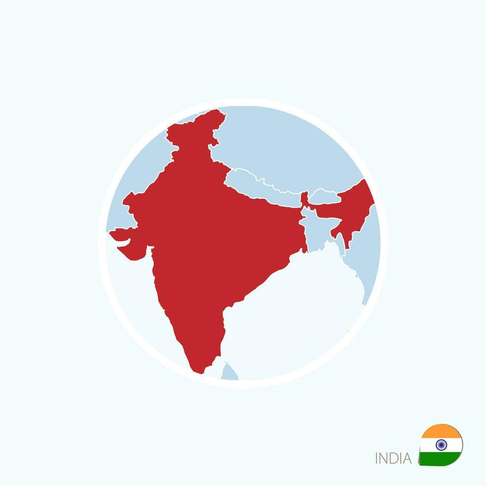 Map icon of India. Blue map of South Asia with highlighted India in red color. vector