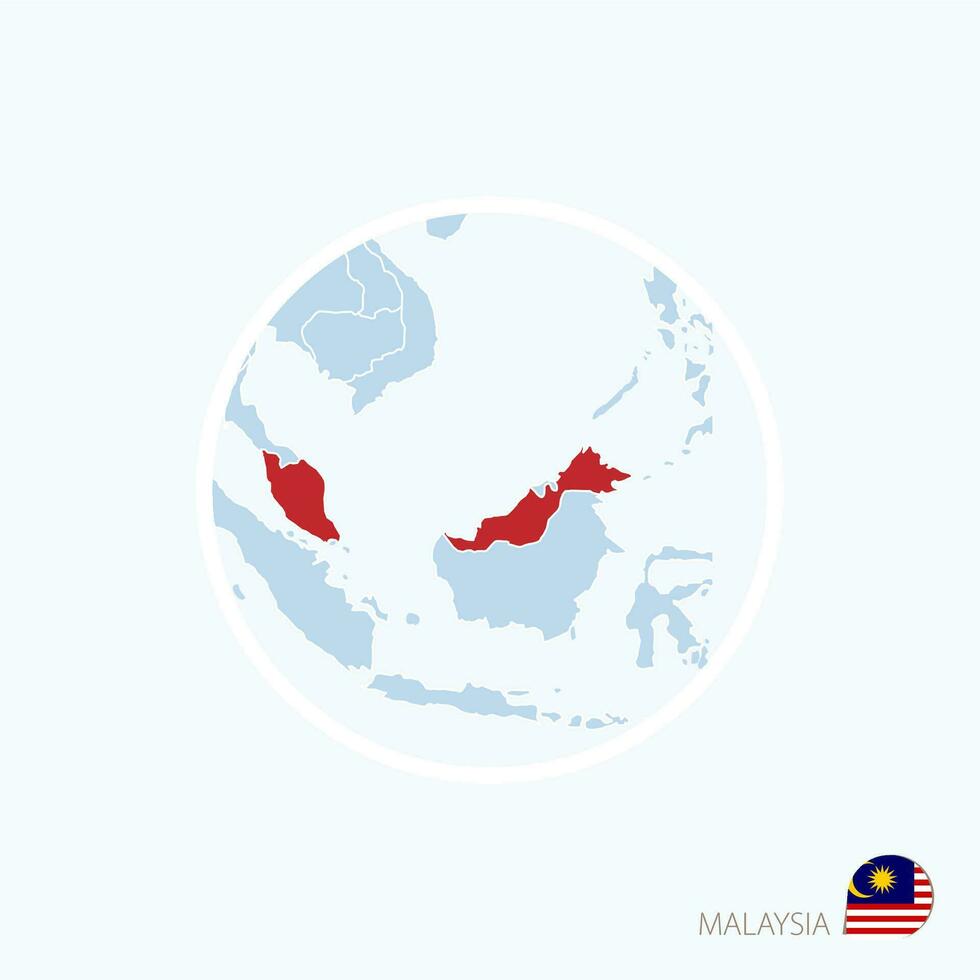 Map icon of Malaysia. Blue map of Asia with highlighted Malaysia in red color. vector