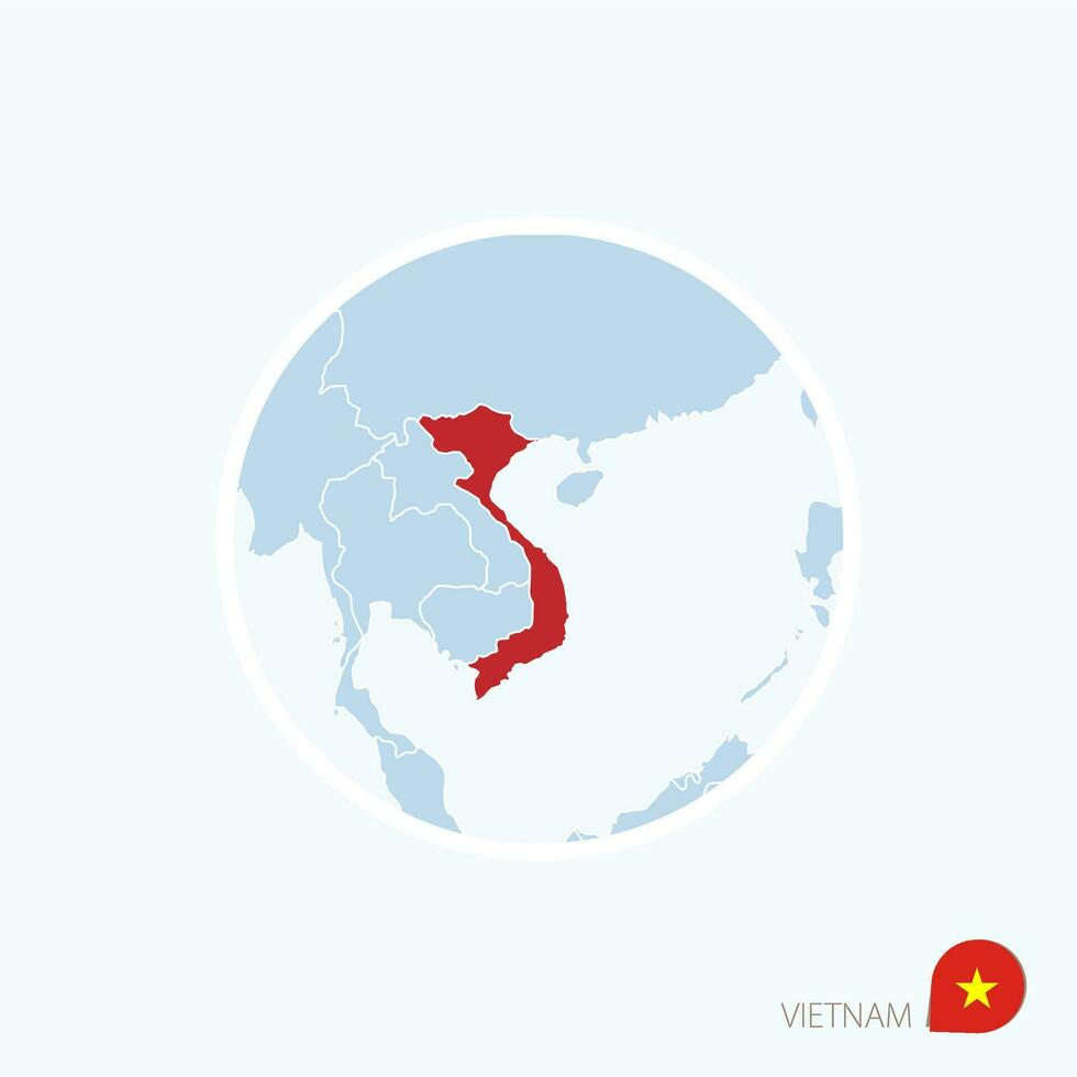 Map icon of Vietnam. Blue map of Southeast Asia with highlighted Vietnam in red color. vector