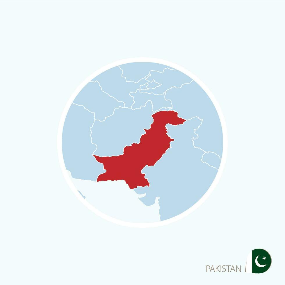 Map icon of Pakistan. Blue map of South Asia with highlighted Pakistan in red color. vector