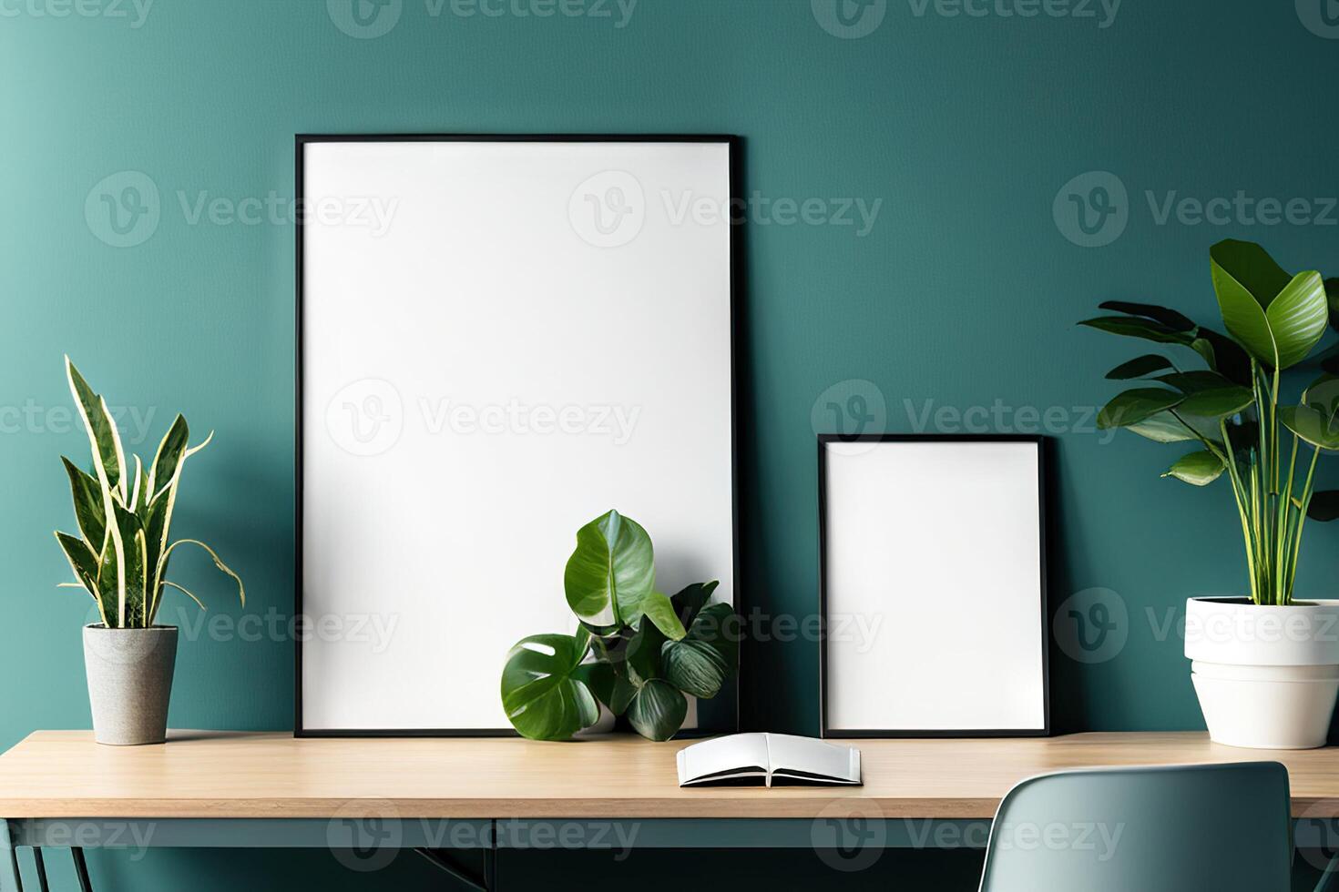 Empty frame mockup in modern minimalist interior with trendy potted plant photo