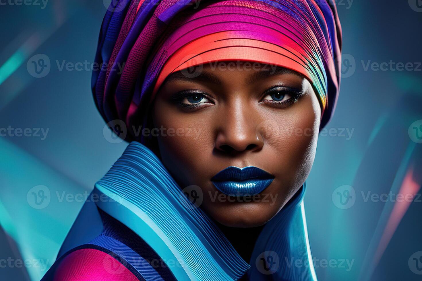 Close-up portrait young black woman with clothes headdress, person on colorful photo