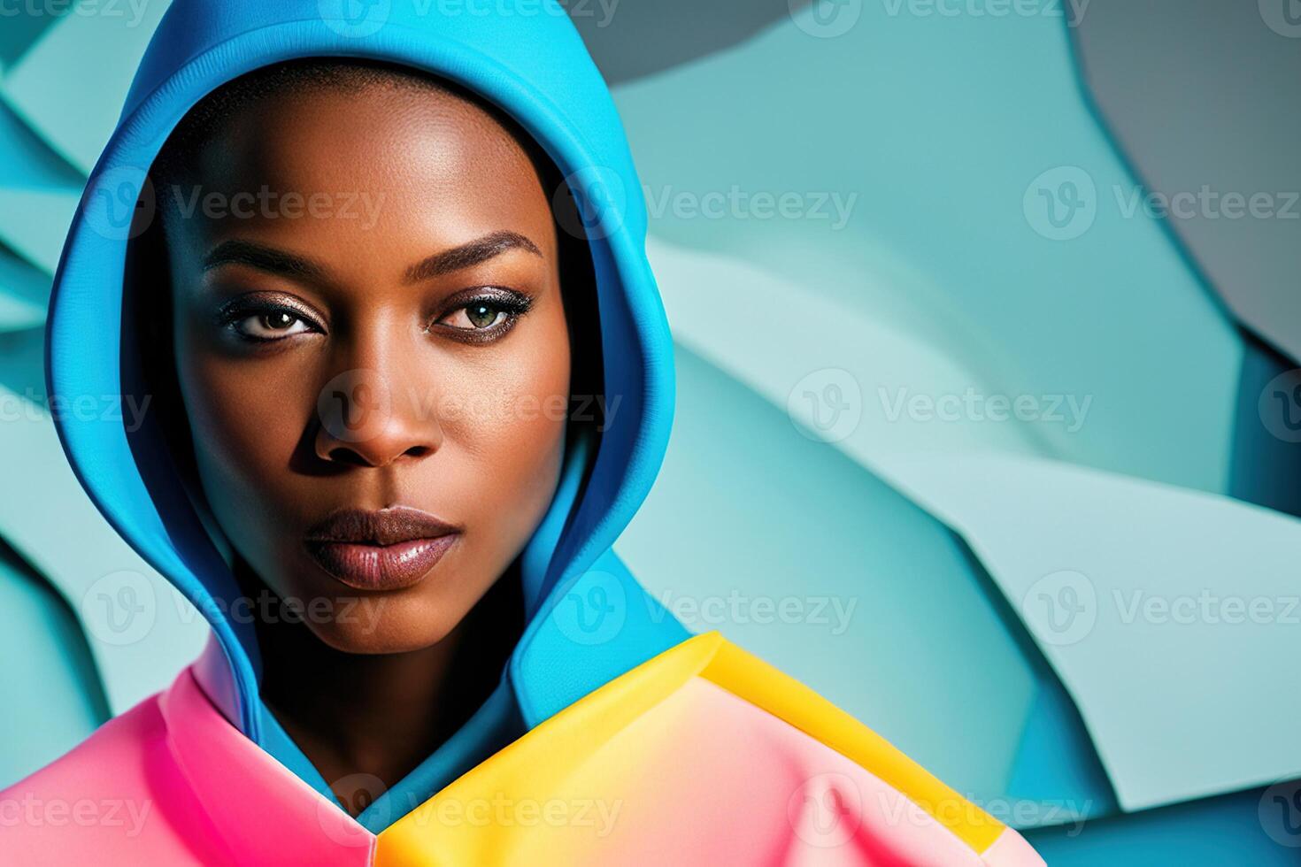 Close-up portrait young black woman with clothes headdress, person on colorful photo