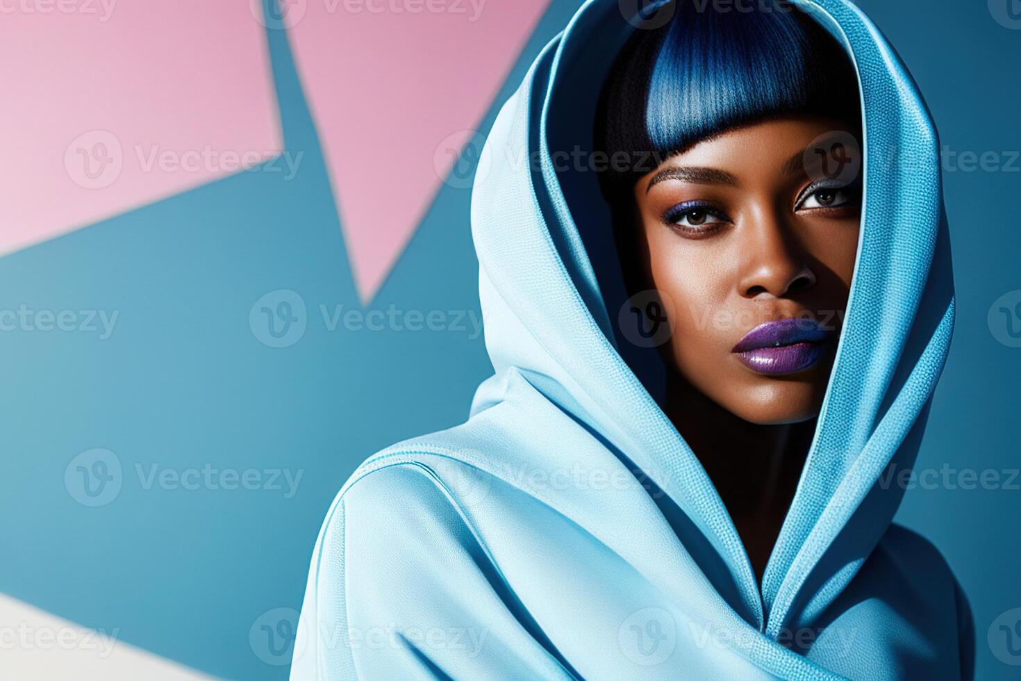 Vibrant illustration young African woman. Abstract myriad colors on background. photo