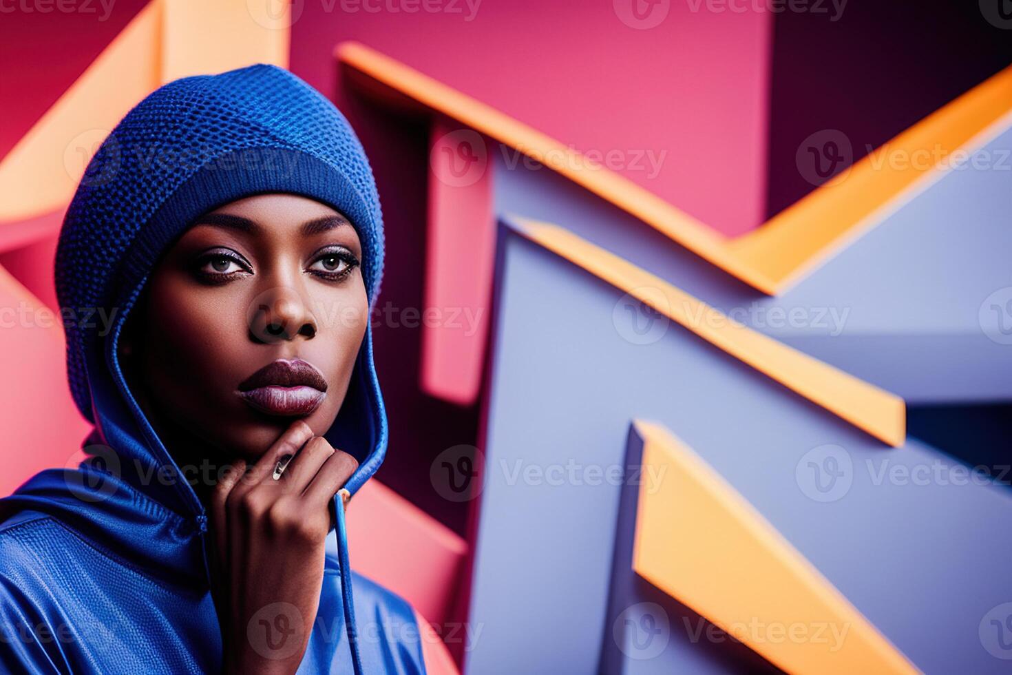 Illustration portrait African American female fashion model in blue futuristic photo