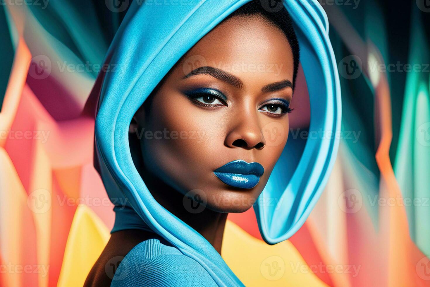 AI Generative Illustration portrait African American female fashion model in blue futuristic photo