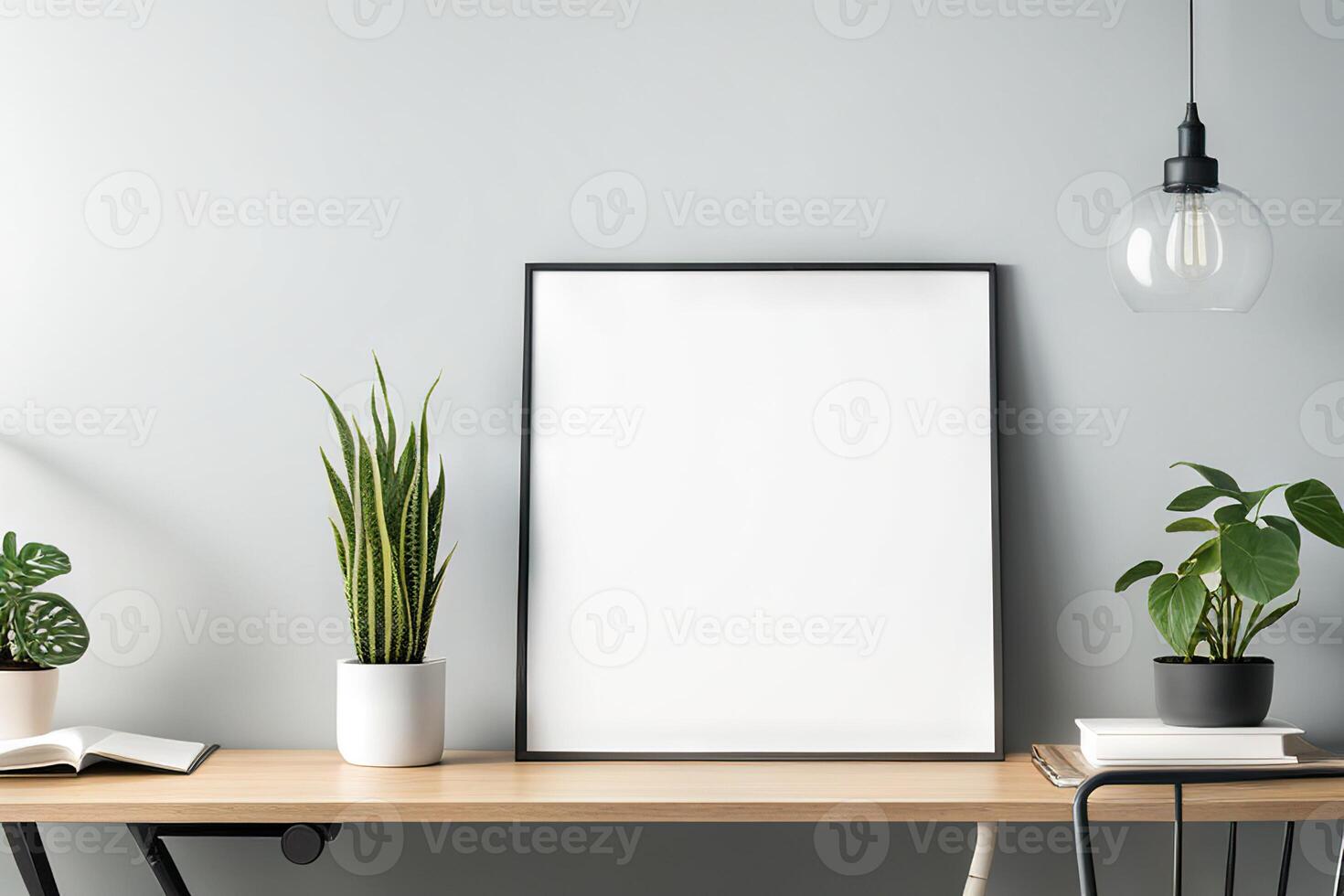 Mock up frame close up in home interior background, potted flowers on table photo
