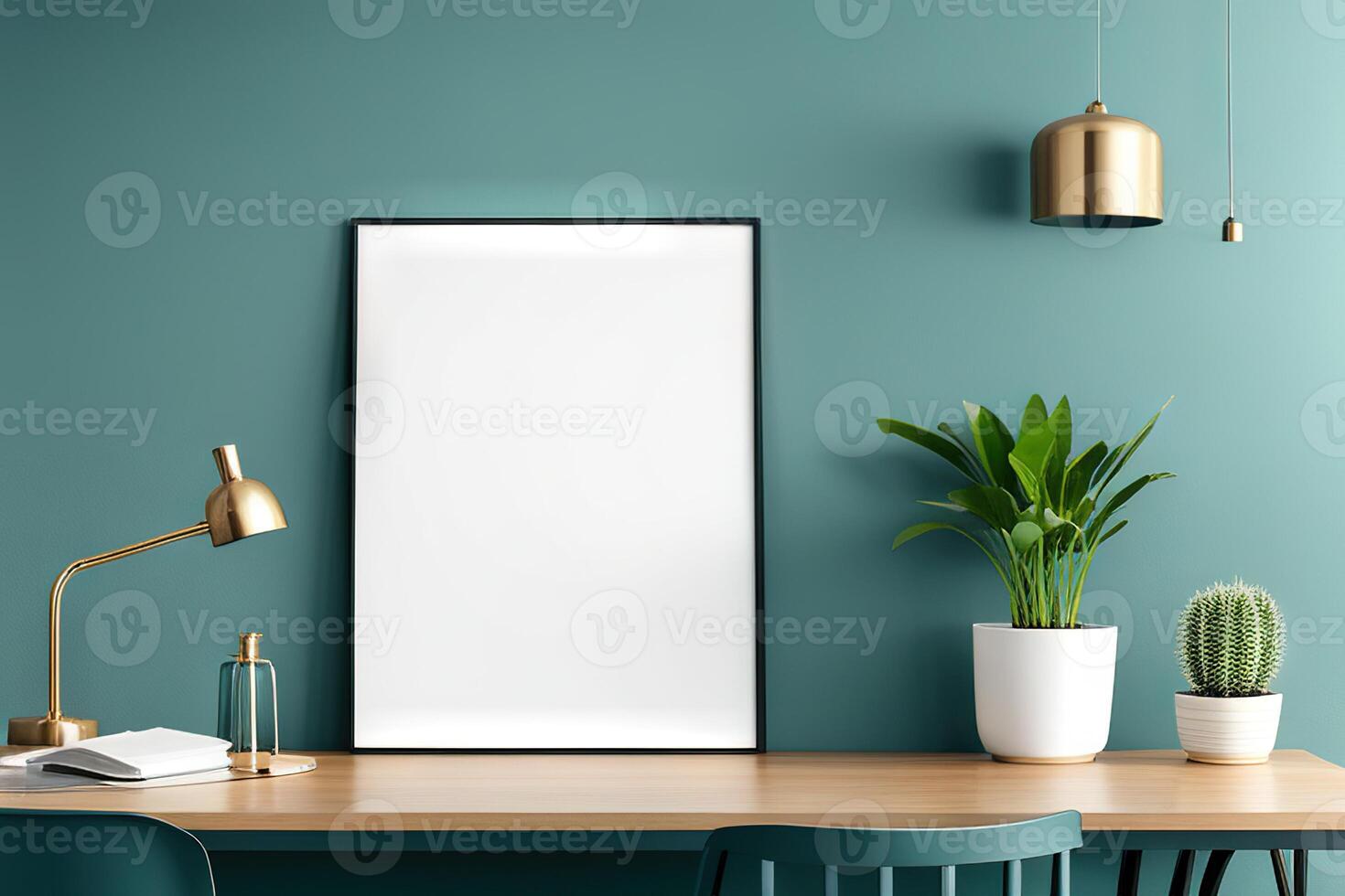 Empty frame mockup in modern minimalist interior with trendy potted plant photo