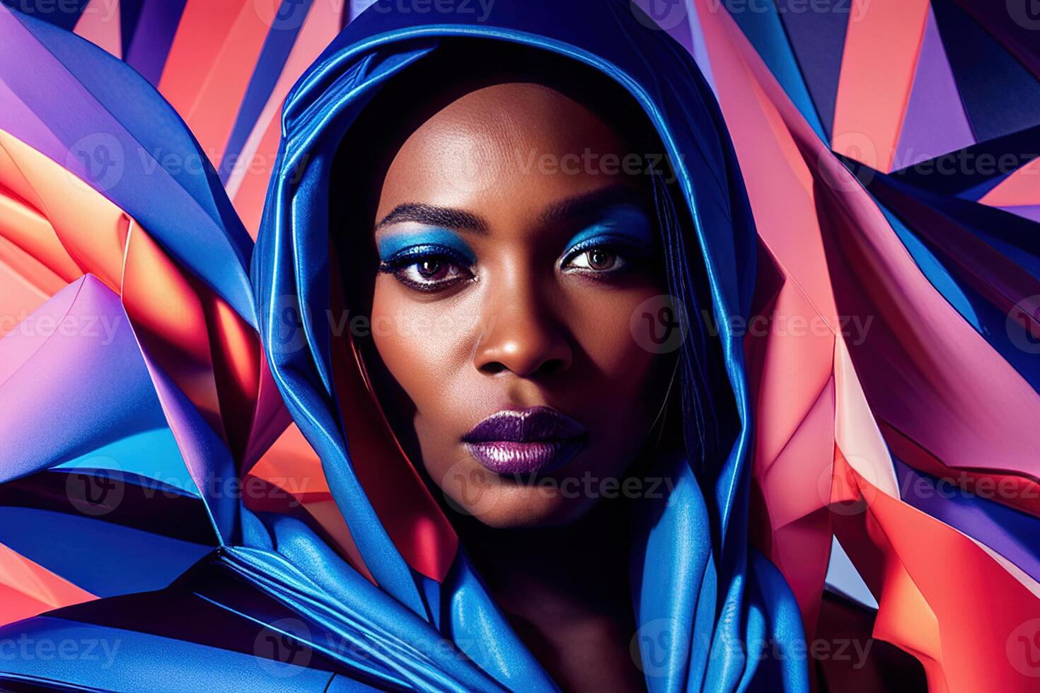 Illustration portrait African American female fashion model in blue futuristic photo