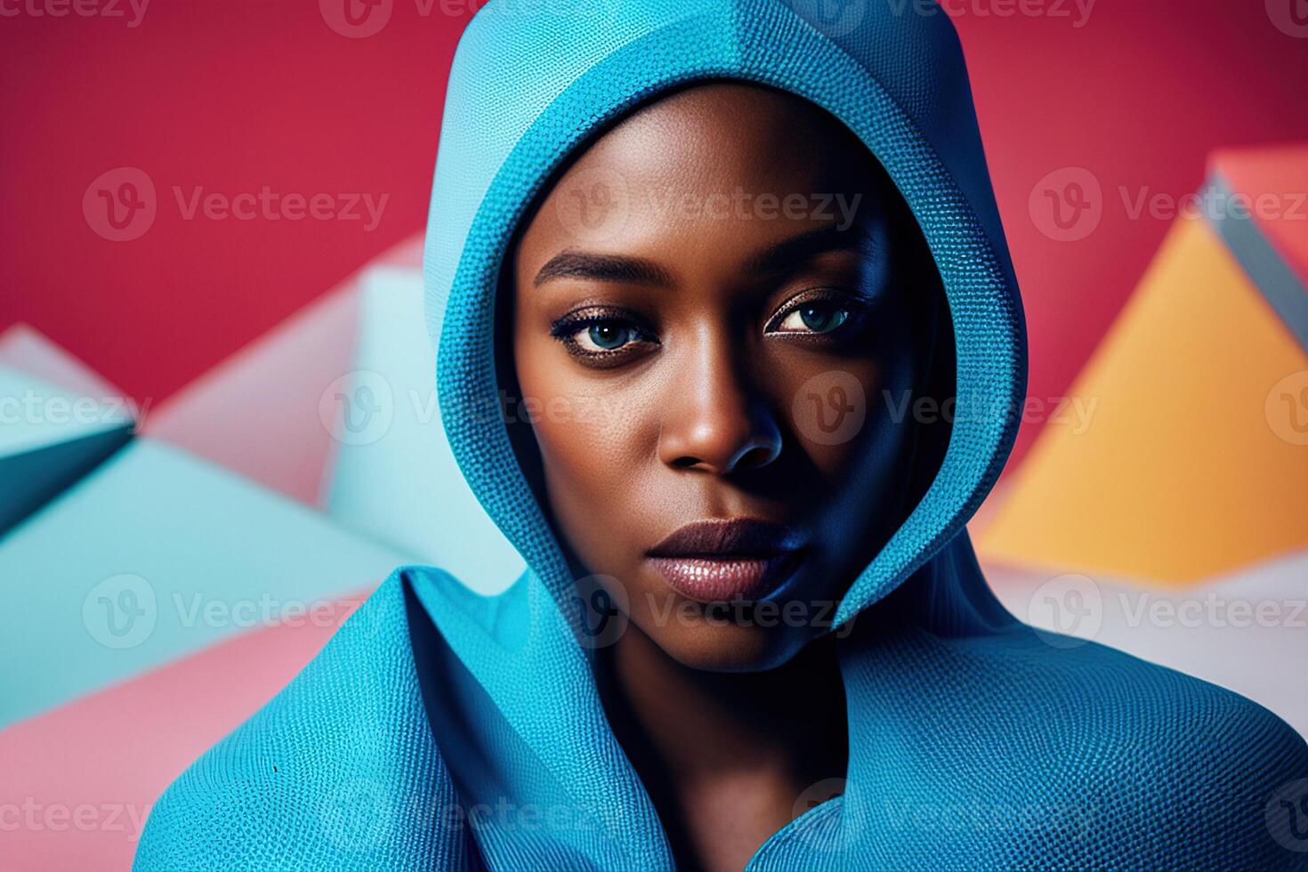 Young African-American girl in blue clothes with hood against bright colored photo
