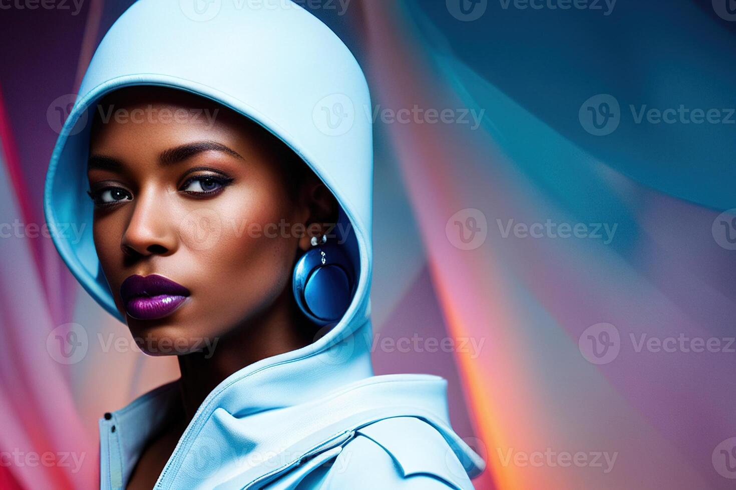 Close-up portrait young black woman with clothes headdress, person on colorful photo
