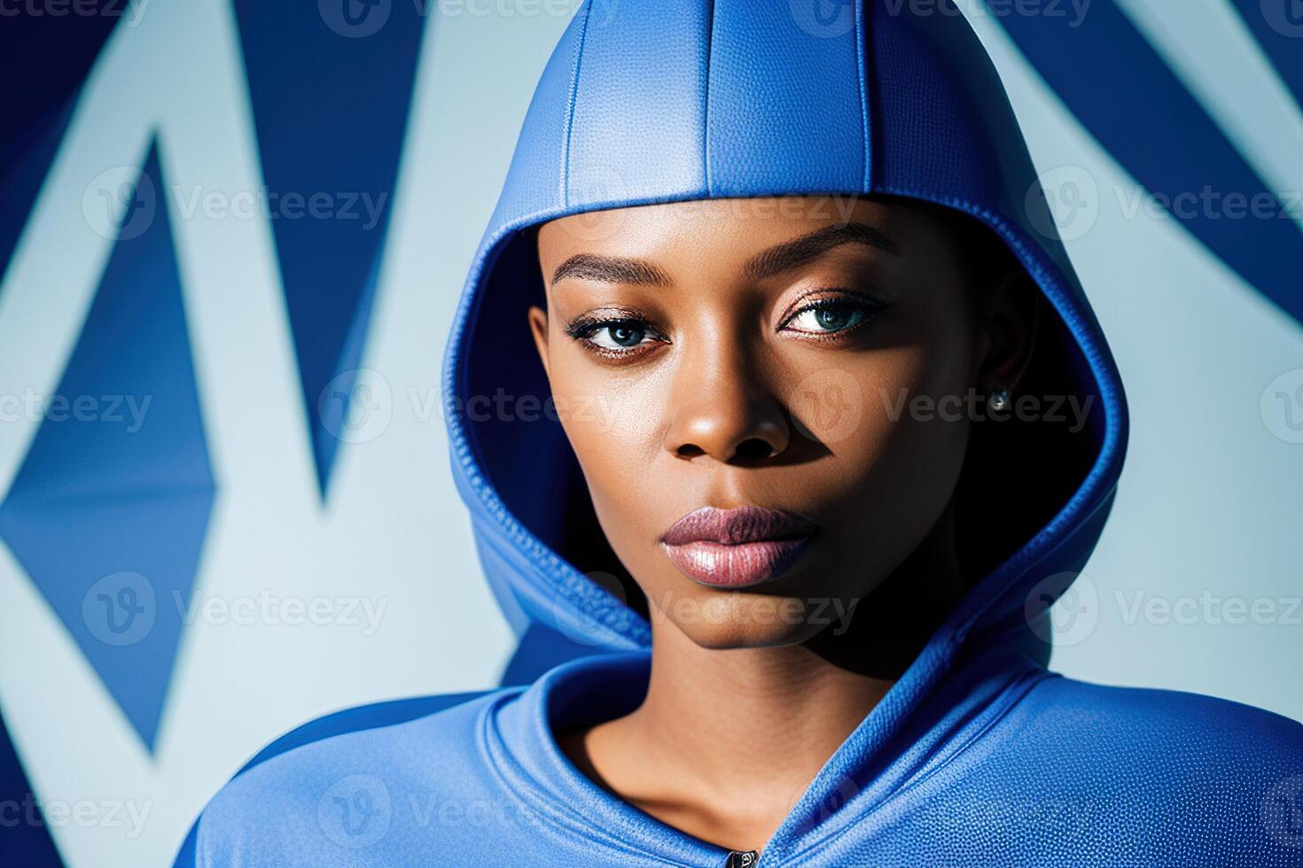 Illustration portrait African American female fashion model in blue futuristic photo
