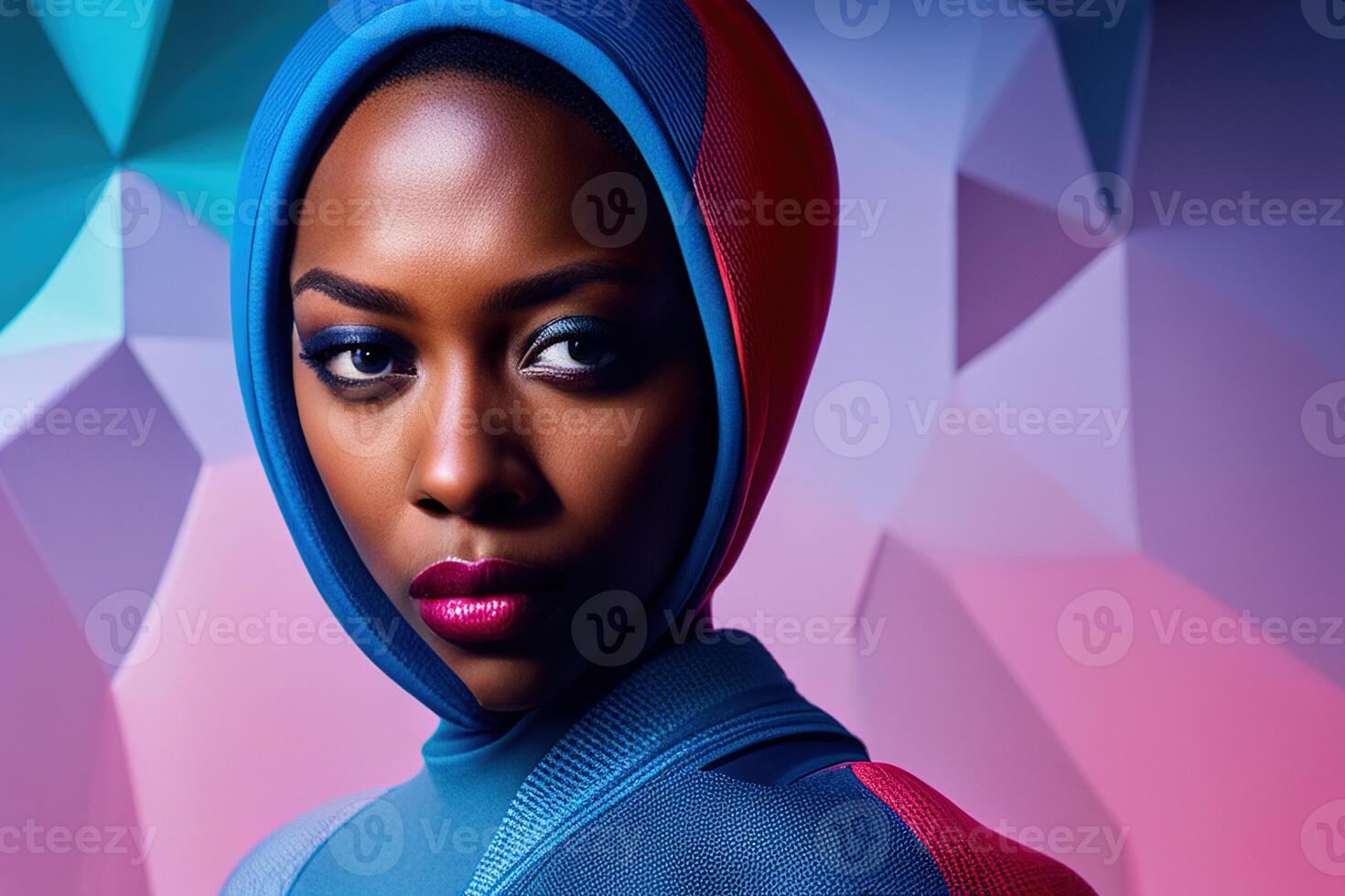 Close-up portrait young black woman with clothes headdress, person on colorful photo