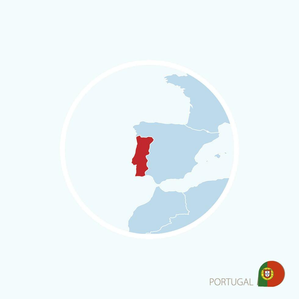 Map icon of Portugal. Blue map of Europe with highlighted Portugal in red color. vector