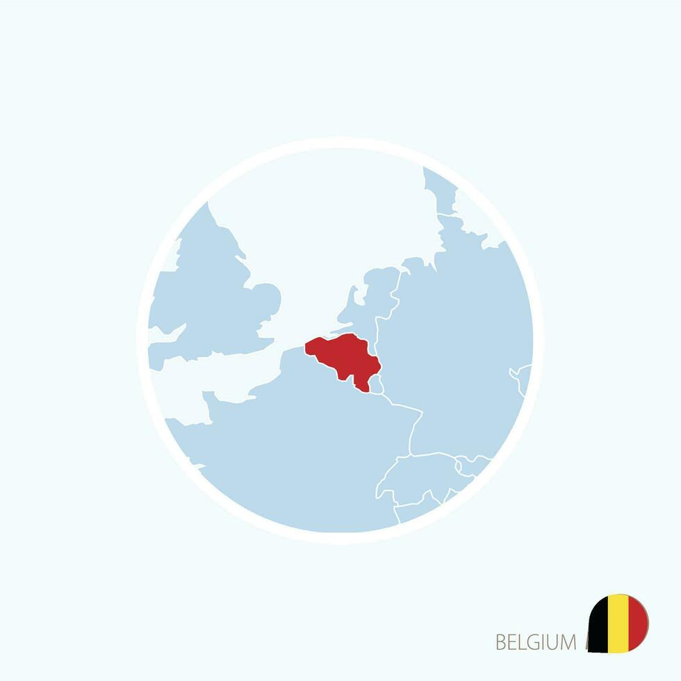 Map icon of Belgium. Blue map of Europe with highlighted Belgium in red color. vector