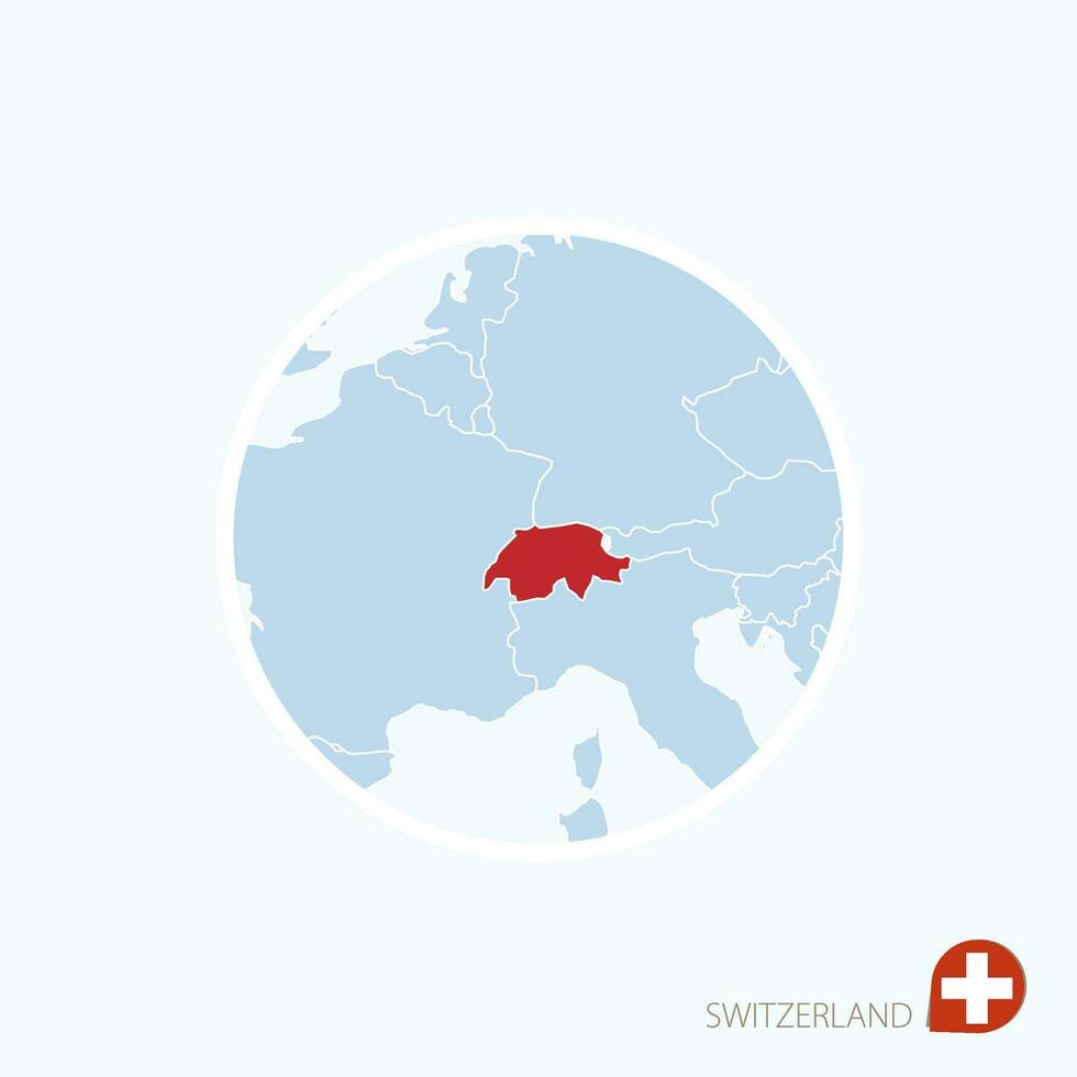 Map icon of Switzerland. Blue map of Europe with highlighted Switzerland in red color. vector