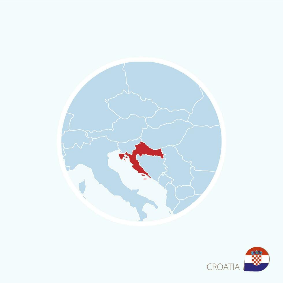 Map icon of Croatia. Blue map of Europe with highlighted Croatia in red color. vector