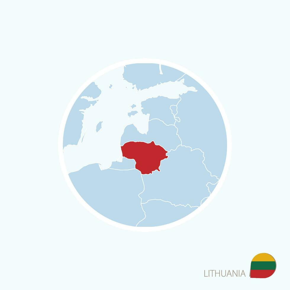 Map icon of Lithuania. Blue map of Europe with highlighted Lithuania in red color. vector