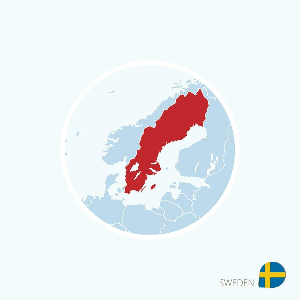 Map icon of Sweden. Blue map of Europe with highlighted Sweden in red color. vector