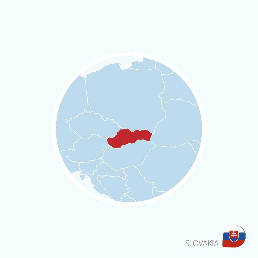 Map icon of Slovakia. Blue map of Europe with highlighted Slovakia in red color. vector