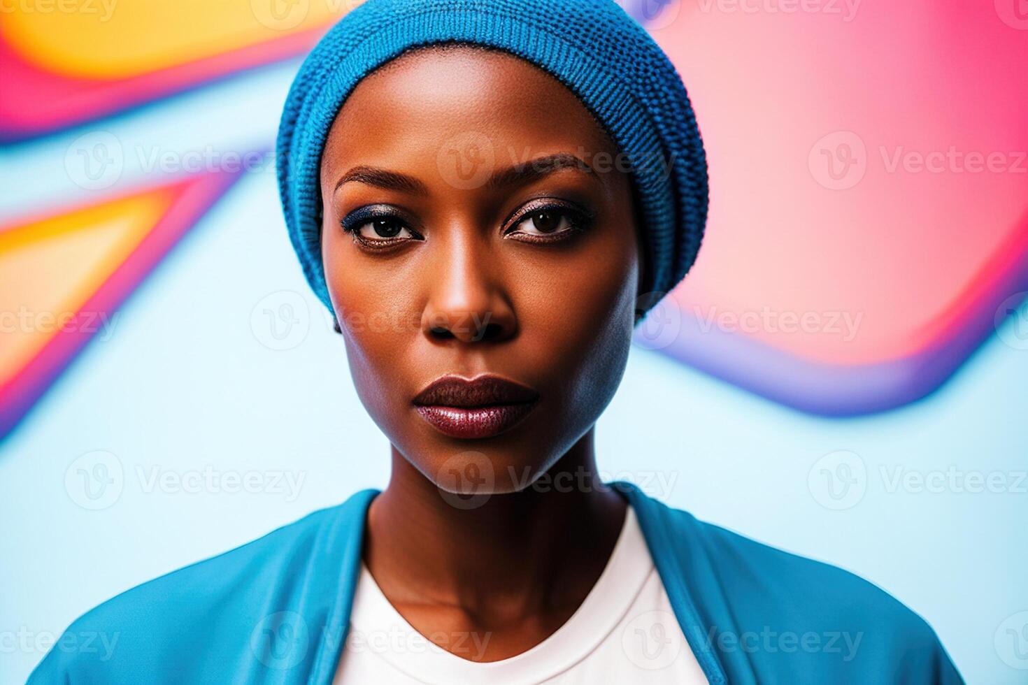 Close-up portrait young black woman with clothes headdress, person on colorful photo