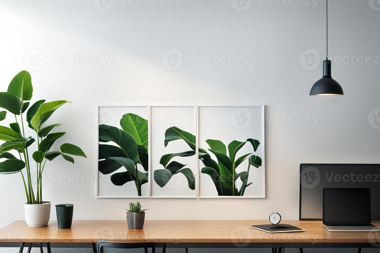 Mock up frame close up in home interior background, potted flowers on table photo