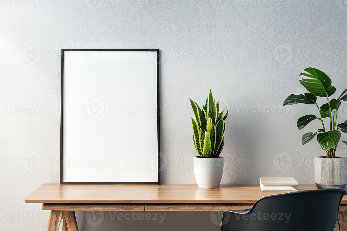 Mock up frame close up in home interior background, potted flowers on table photo