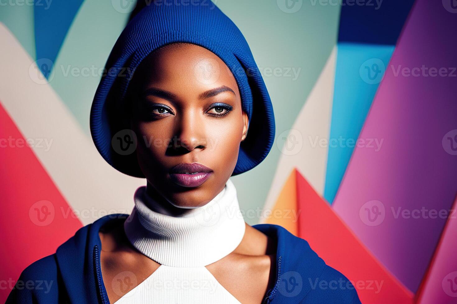 Close-up portrait young black woman with clothes headdress, person on colorful photo