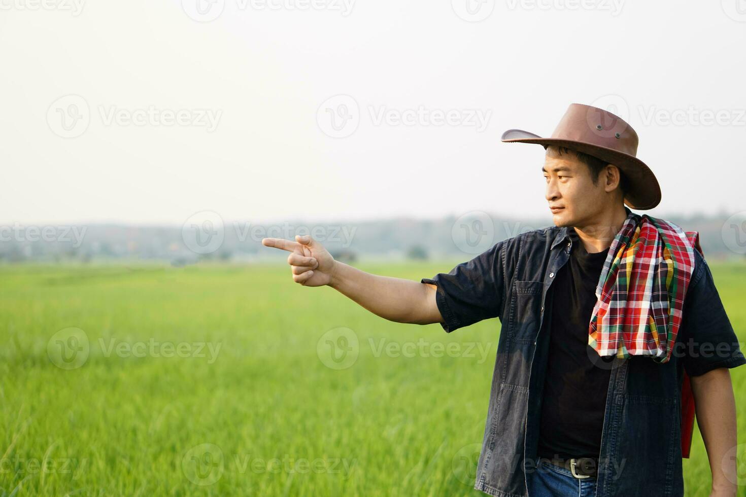 Handsome Asian farmer wearing hat and Thai traditional loincloth on shoulder is looking and pointing to his green rice paddy field. Concept, agricultural occupation , fashion for man Local lifestyle photo