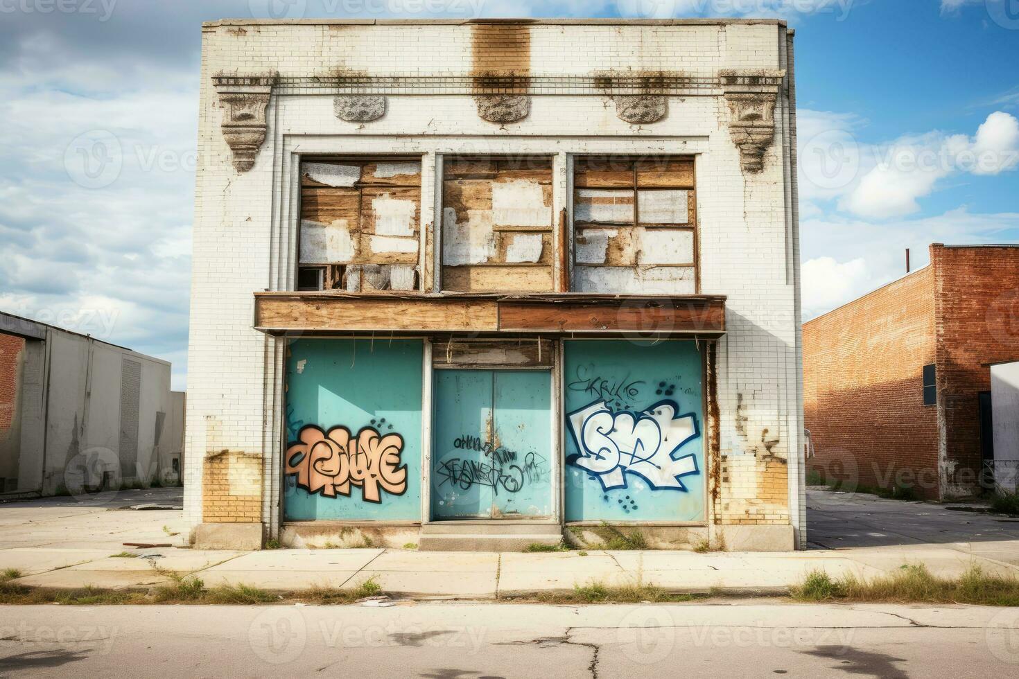 closed abandoned store or warehouse boarded up with graffiti, generative AI photo