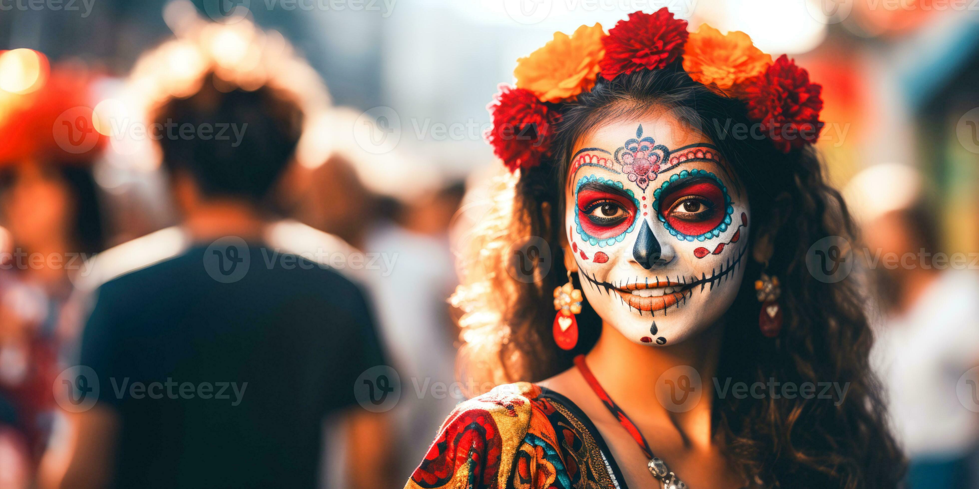 young mexican woman with sugar skull face paint for dia de los muertos